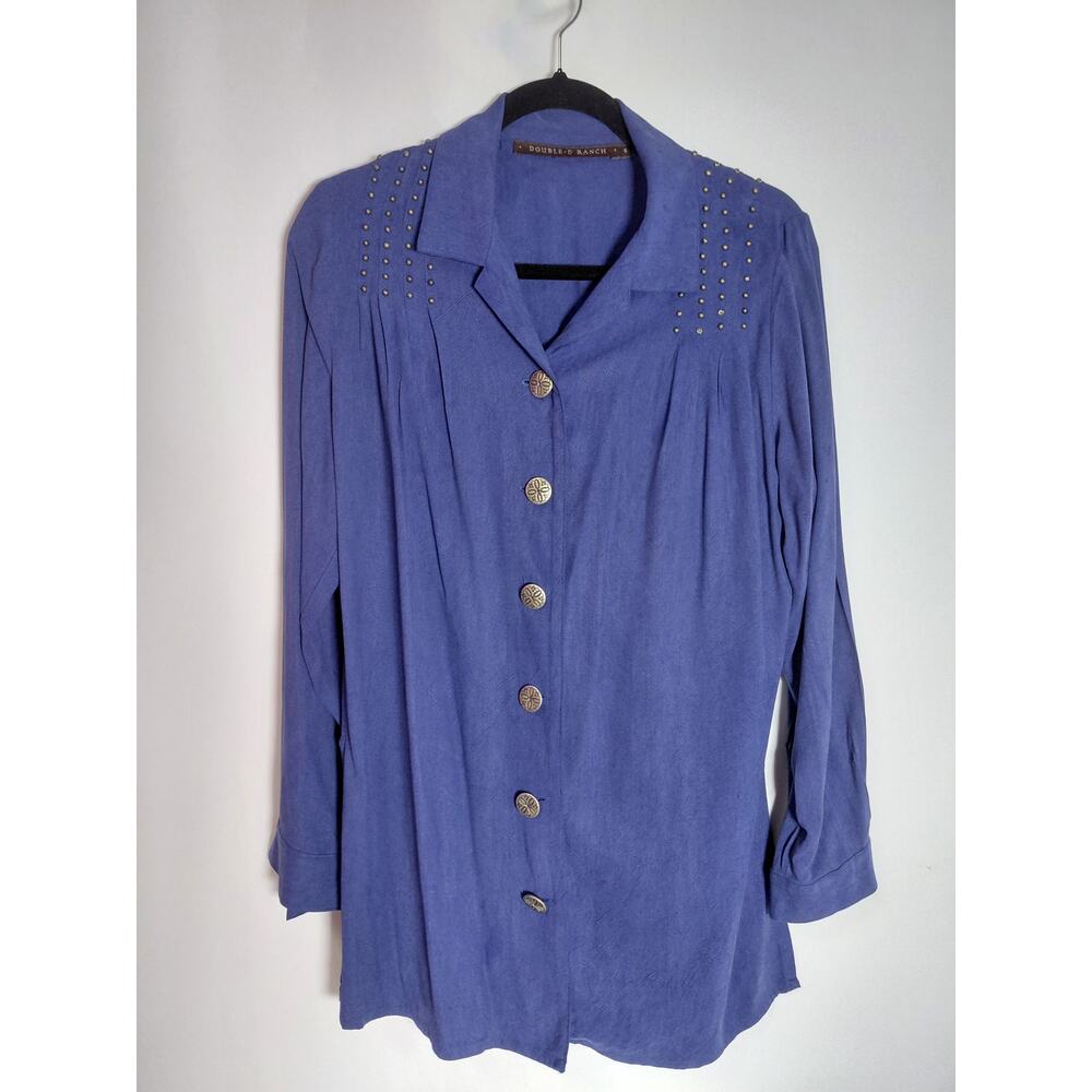 DOUBLE D RANCH DOUBLE RANCH Blue Button-Up Shirt Solid Long Sleeve Women Size S